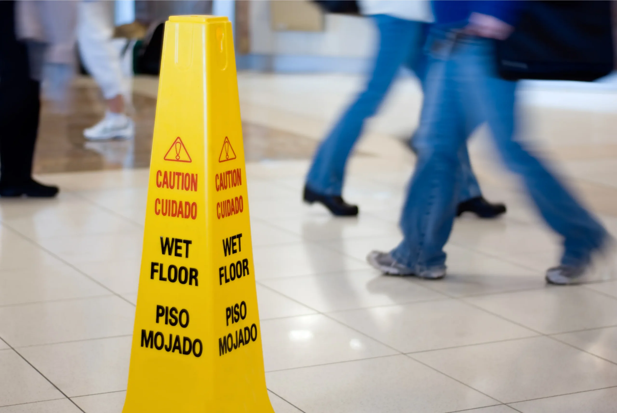 Yellow caution sign warns of a wet floor, with text in English and Spanish, as people walk in the background.