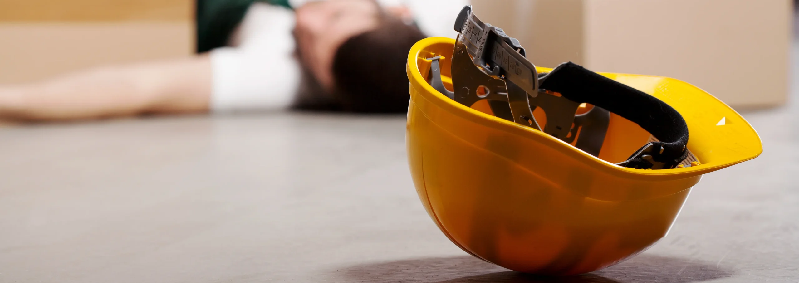 Yellow hard hat on the floor with a person lying unconscious in the background.