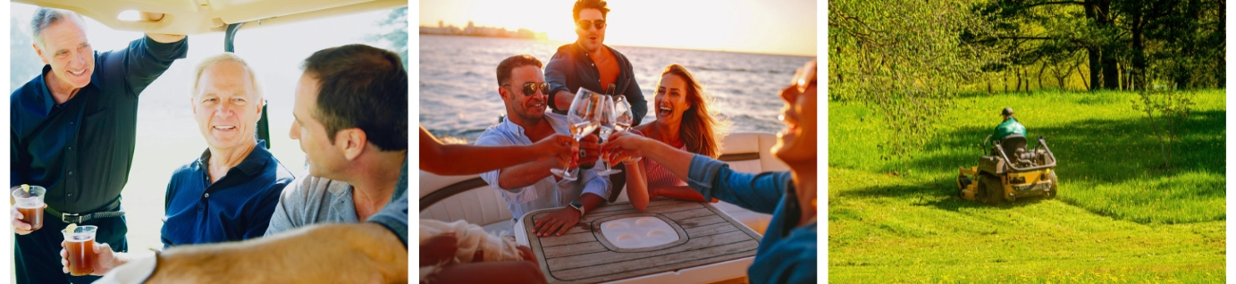 Three scenarios involving potential impaired operation: friends drinking in a golf cart, a group toasting wine on a boat, and a person mowing grass—illustrating unconventional DUI risks including DUI on a bicycle in NC.