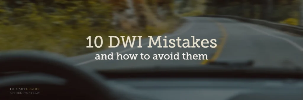 Blurry view of a winding road with the text "10 DWI Mistakes and how to avoid them" — DWI in NC.